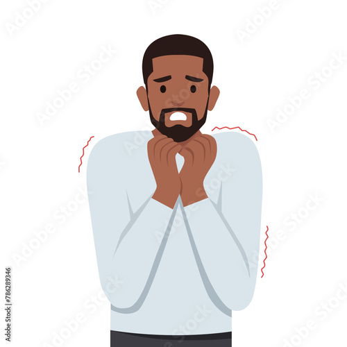 Young man standing biting nails feeling bad with ghosts at wall from inside fears. Flat vector illustration isolated on white background