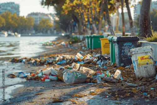 Contenedores agrupados junto a gran cantidad de basura en el suelo de una calle de una ciudad, sobre fondo desenfocado de árboles y edificios