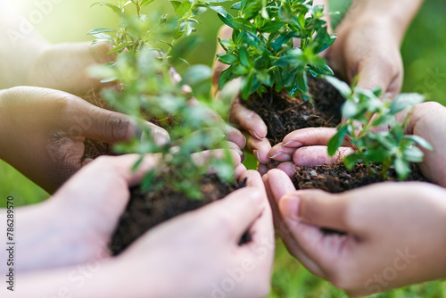 Valokuva Hands, people and soil with plant for earth day, support and eco business, nurture or funding
