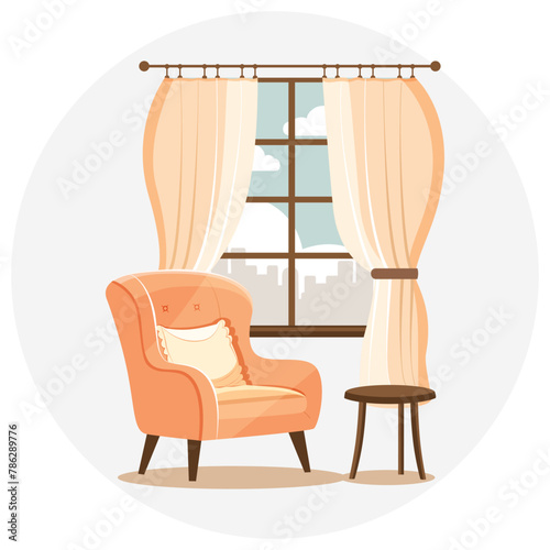 Home interior. Cozy room with armchair and tea table by the window. White round background. Used for articles, print, advertising, web design. 
