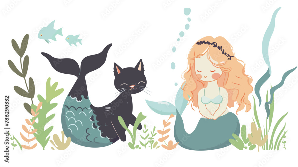 Cute little kitten and mermaid. Siren. Vector Illustration