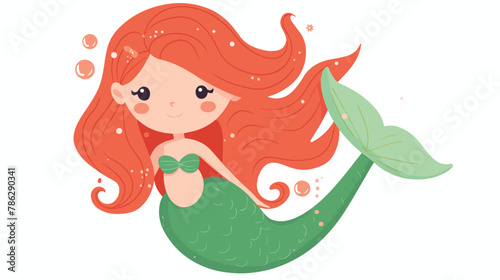 Cute little mermaid with red hair and green tail. vector