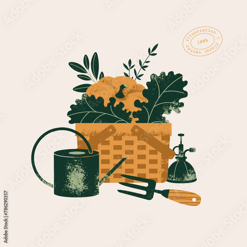 Fresh greens in the basket. Garden tools and harvest composition. Vector illustration