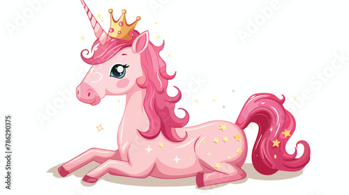Cute little Pink Unicorn with Crown Vector Illustration