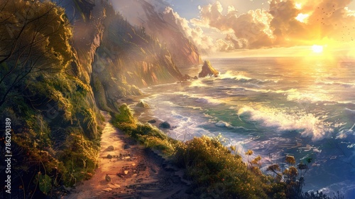 A pathway along the ocean cliff under the sunlight