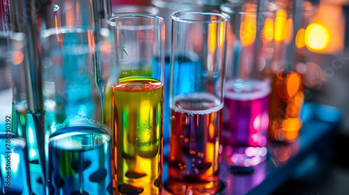 Vibrant test tubes with colorful chemical liquids in a scientific laboratory setting

