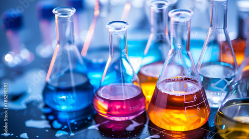 Colorful chemical solutions in glass flasks in a modern scientific research laboratory

