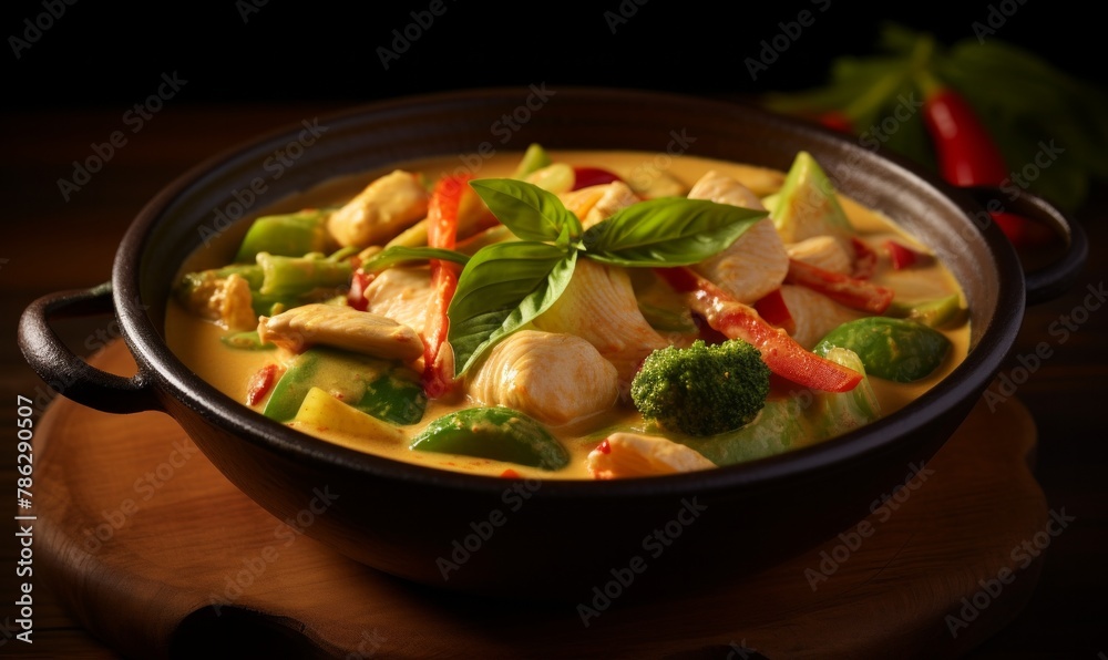 Thai chicken curry with creamy coconut milk, vibrant bell peppers, and aromatic basil leaves