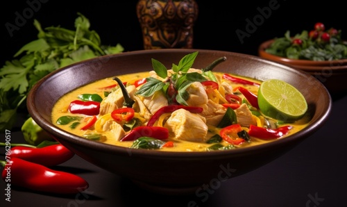 Thai chicken curry with creamy coconut milk, vibrant bell peppers, and aromatic basil leaves