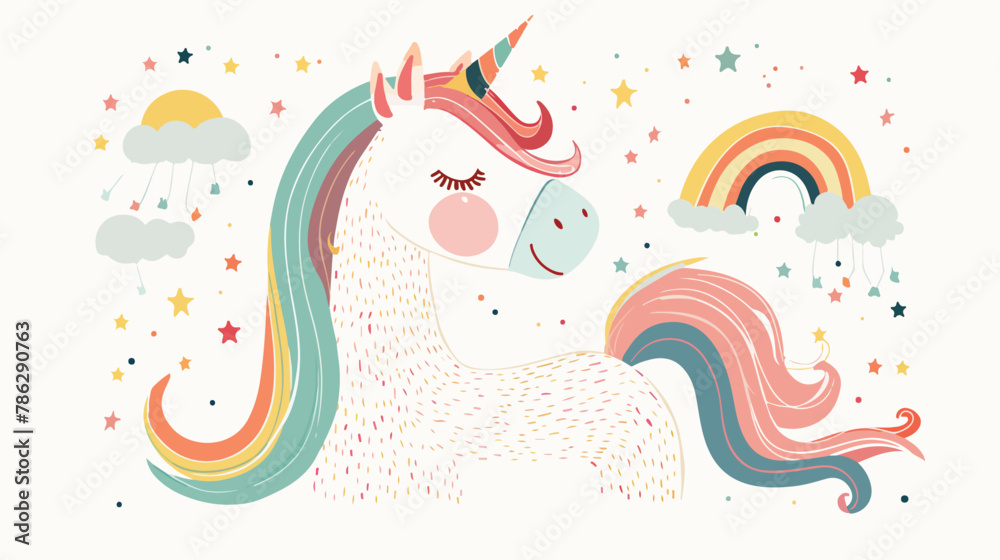Cute magical unicorn and rainbow. Vector design isolated