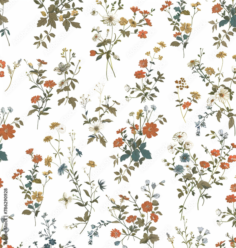 tiny floral pattern on white background, small flowers scattered around the design, muted colors, small roses and leaves in shades of blue, cream, grey, small tiny birds flying through the scene