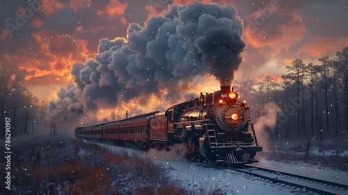 A vintage steam locomotive chugging through a snowy landscape, steam billowing from its chimney photo