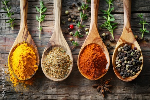 Assorted spices in wooden spoons, a staple food ingredient in various cuisines photo