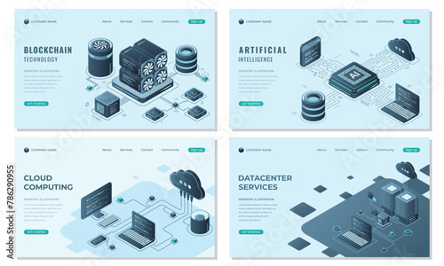 Set of isometric landing page template. Modern technology concept for datacenter with server, artificial intelligence, and blockchain technology