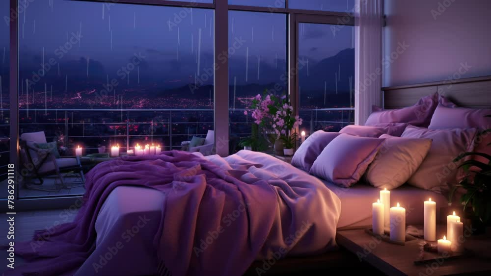 Lofi bedroom with rain, calming light, and cozy furniture. Inviting space to unwind. Lofi bedroom with rain, calming light, and cozy furniture. Inviting space to unwind.