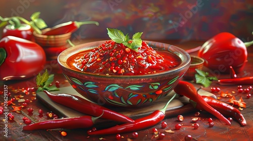 Spicy chili sauce with Birds eye chili and Chile de rbol on a wooden table photo