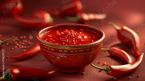 A dish of chili sauce sits among red peppers on the table