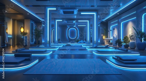 Futuristic yoga studio with virtual reality zones, ambient blue lighting, panoramic interior shot photo
