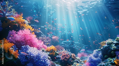 Sunlight filters through the water, illuminating a coral reef landscape