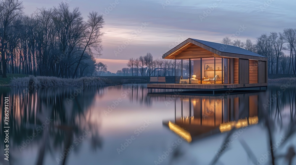 Compact smart cabin by lakeside, reflection on water, dusk, horizontal panorama