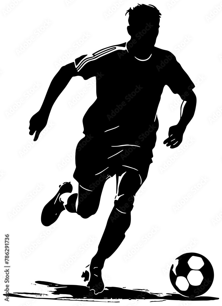 Silhouette of a male soccer player running with soccer ball, isolated 