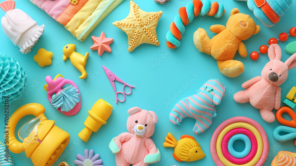 Bright baby essentials and colorful toys on a vibrant turquoise backdrop