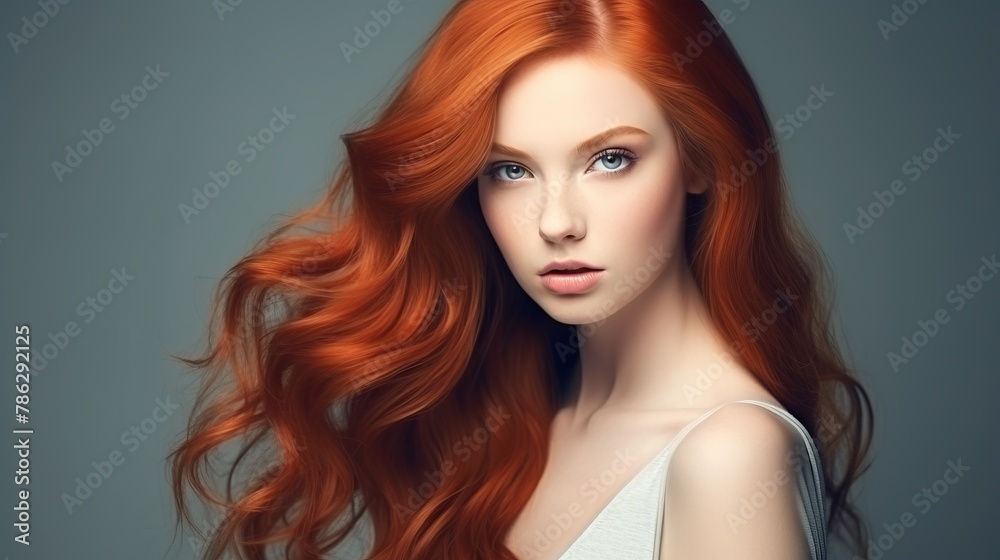 Red-haired woman with long waves, against a neutral background