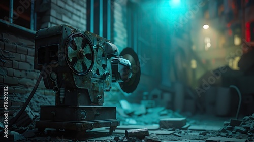 Analog nostalgia, classic film projector in urban ruin, moody lighting, closeup