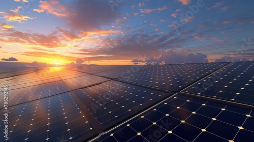 Energy innovations at solar farm, futuristic panels, sunrise, wide angle