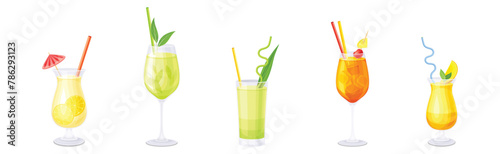 Bright Cocktail Drink Poured in Glass with Straw Vector Set