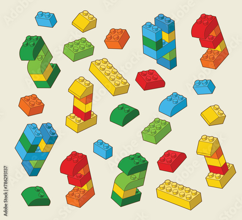 Simple pattern of building block with numbers 1, 2,  3,  4, bricks for children. Vector isometric illustration. Colored bricks isolated on white background.