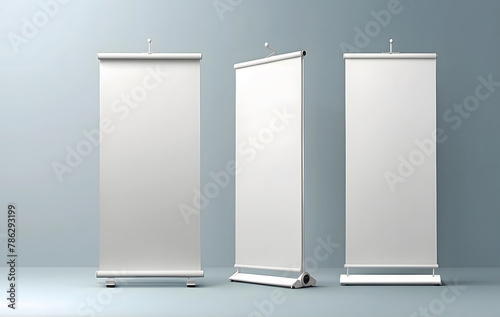 A row of white roll-up banners on a gray background, Blank vertical roll-up banner stand vector mockup