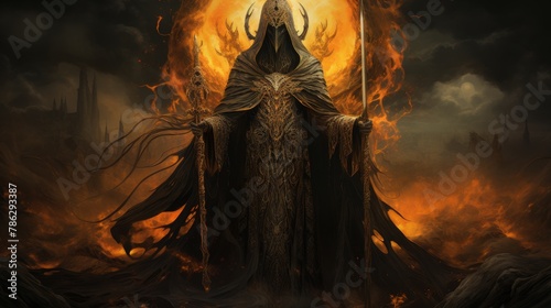 A dark figure stands in the middle of a fiery hellscape.