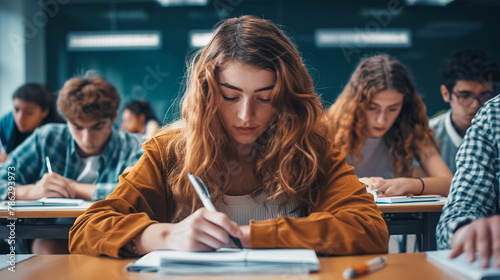 A group of students are sitting at desks in a classroom