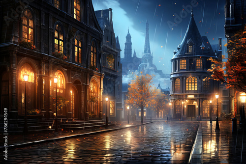 An old town street at dusk with rain-soaked road reflecting city lights.