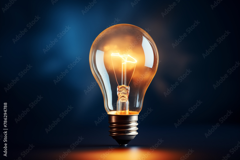 A glowing light bulb on a dark blue background. Creativity and innovation concept. A glowing light bulb on a dark blue background. Creativity and innovation concept.