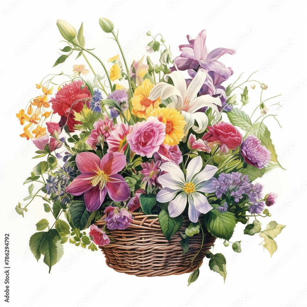 Obraz premium Basket of summer blooms, single line, seasons best, white background, shadow of abundance