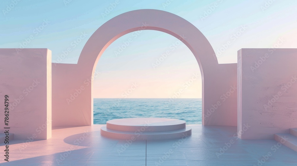 Scene with geometrical forms, arch with podium, minimal landscape background, sea view, 3D render background.