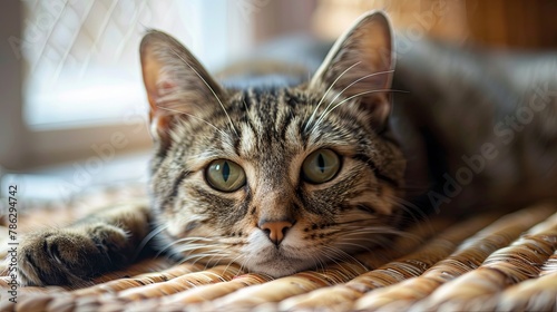 Close-up of a tabby cat lounging on a wicker surface