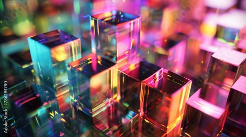 Colorful glass cubes stacked on table, Violet, Magenta, Electric blue, Art event