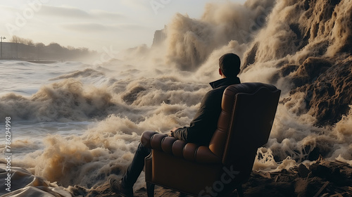 man is sitting on a chair against the background of a tsunami large waves