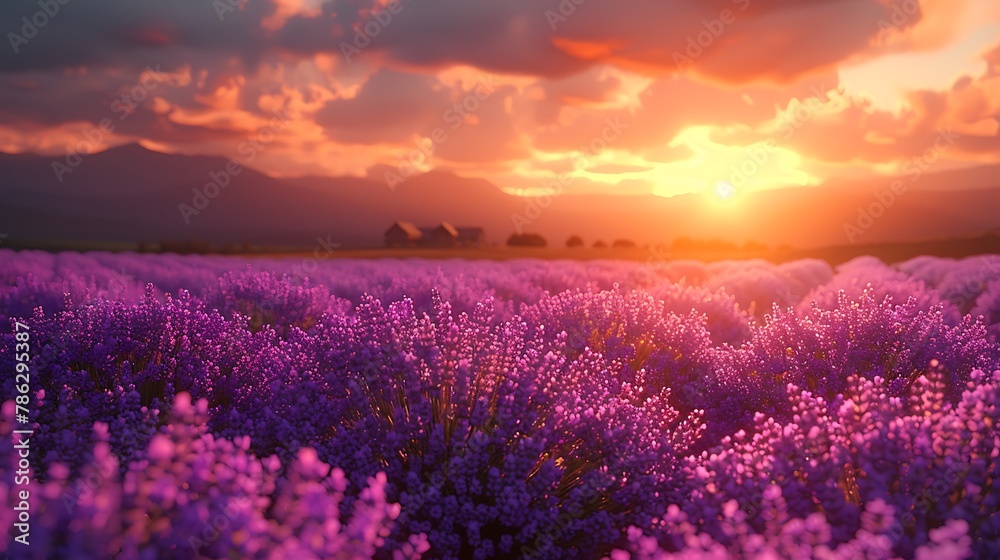 An expansive lavender field blooming under a golden sunset, with a picturesque farmhouse in the distance