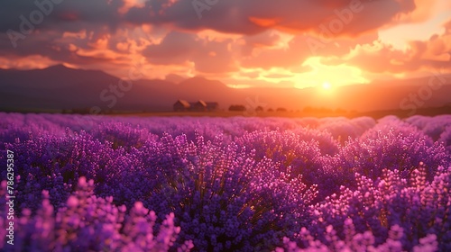 An expansive lavender field blooming under a golden sunset, with a picturesque farmhouse in the distance © forall