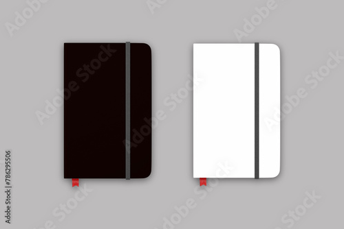 Realistic black and white notebook with rubber band and red bookmark. Top view diary template. Closed diary. 3d rendering.