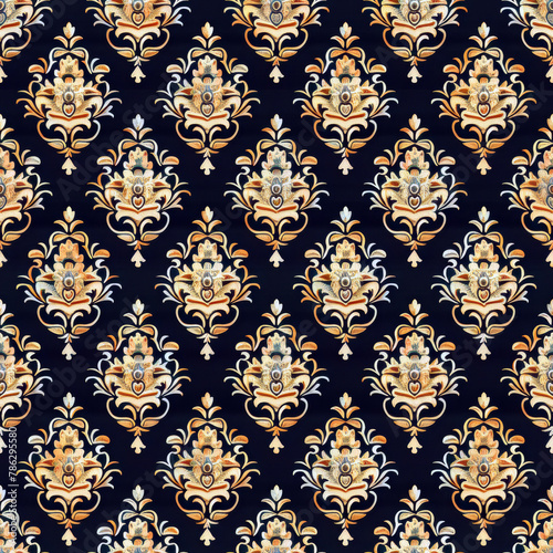 Brocade style colorful fabric pattern close image.