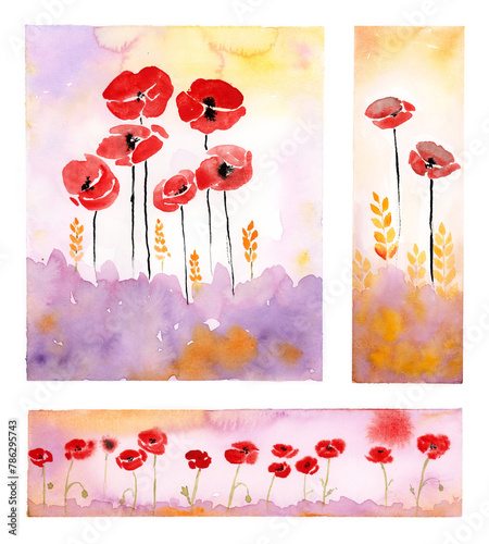 Red poppies floral card and bookmarks with summer sunset, illustration handpainted with watercolor