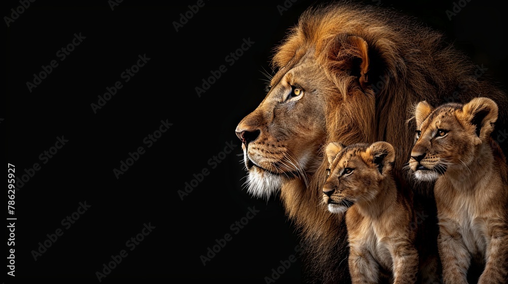 Fototapeta premium Majestic lion family on dark background with sharp details