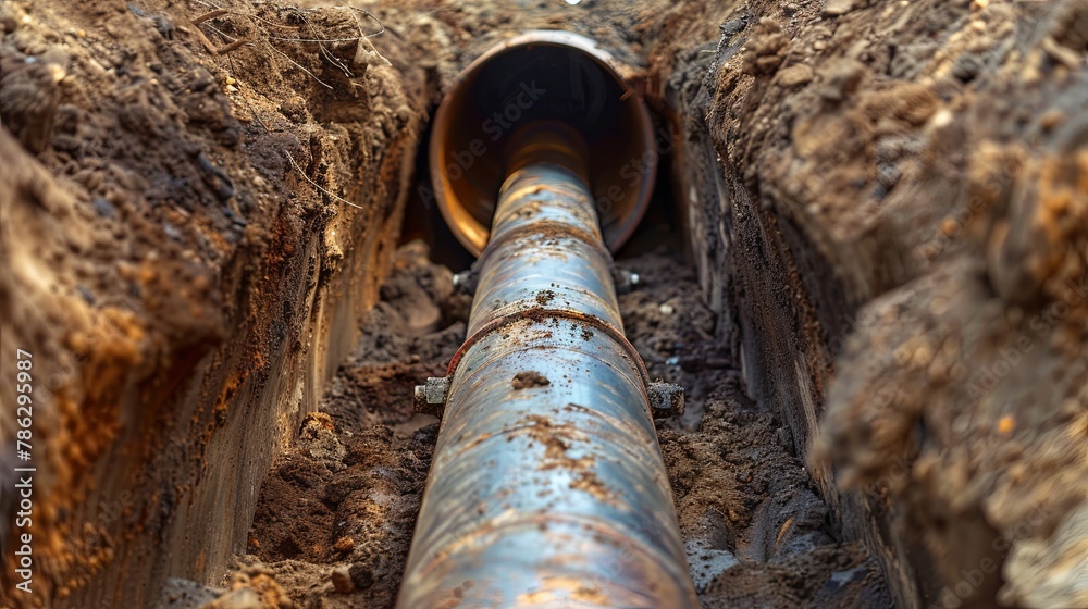 Deep underground pipeline installation in a construction trench Deep underground pipeline installation in a construction trench