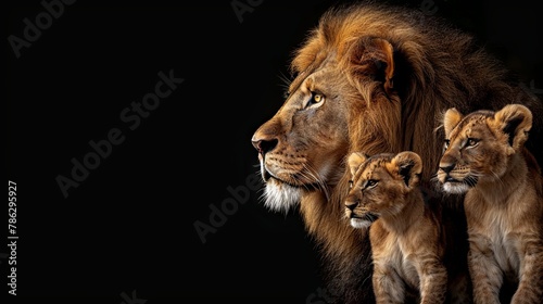 Majestic lion family on dark background with sharp details