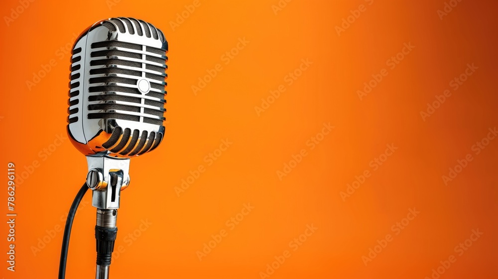 Fototapeta premium Photo from a retro microphone before solid colored orange background.